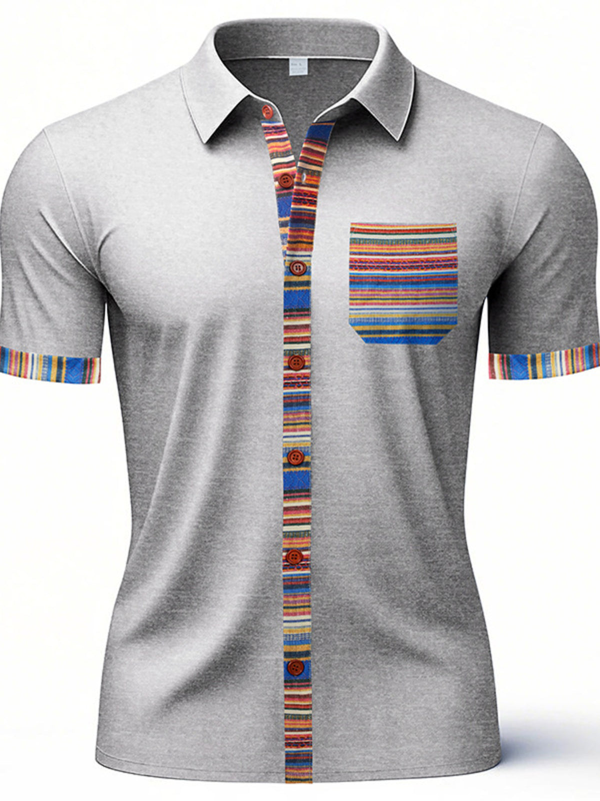 Men's short sleeve shirt by Trendsi featuring colorful trim and classic fit, shown in a full front view.