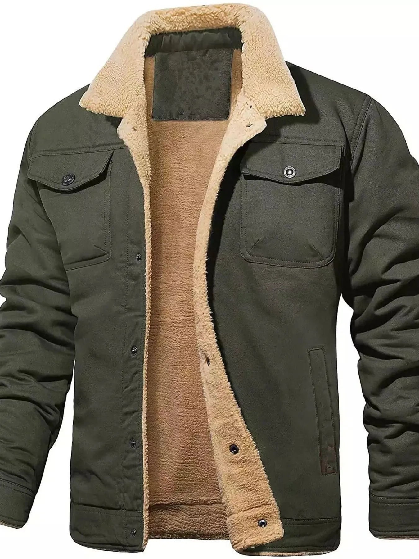 Men's plus size Sherpa-lined long sleeve jacket, warm outerwear by Trendsi with cozy fleece interior and durable outer fabric.