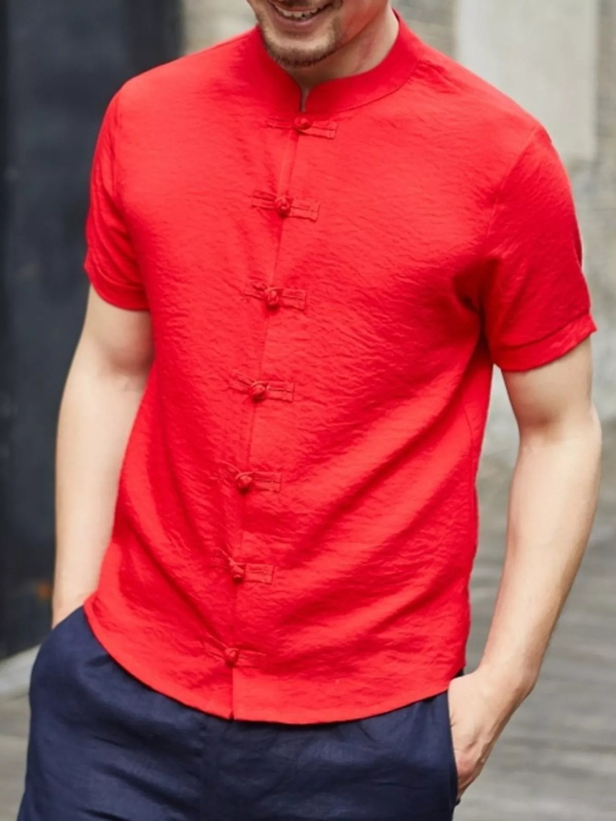 Men's full-size Chinese style short sleeve shirt by Trendsi featuring traditional design and lightweight fabric.