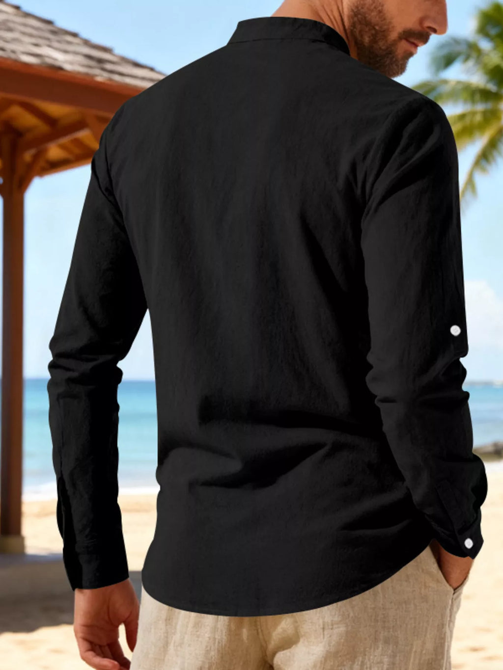Men's casual linen shirt with full-size fit from RIGOR, featuring a lace-up design and lightweight fabric, ideal for relaxed style.