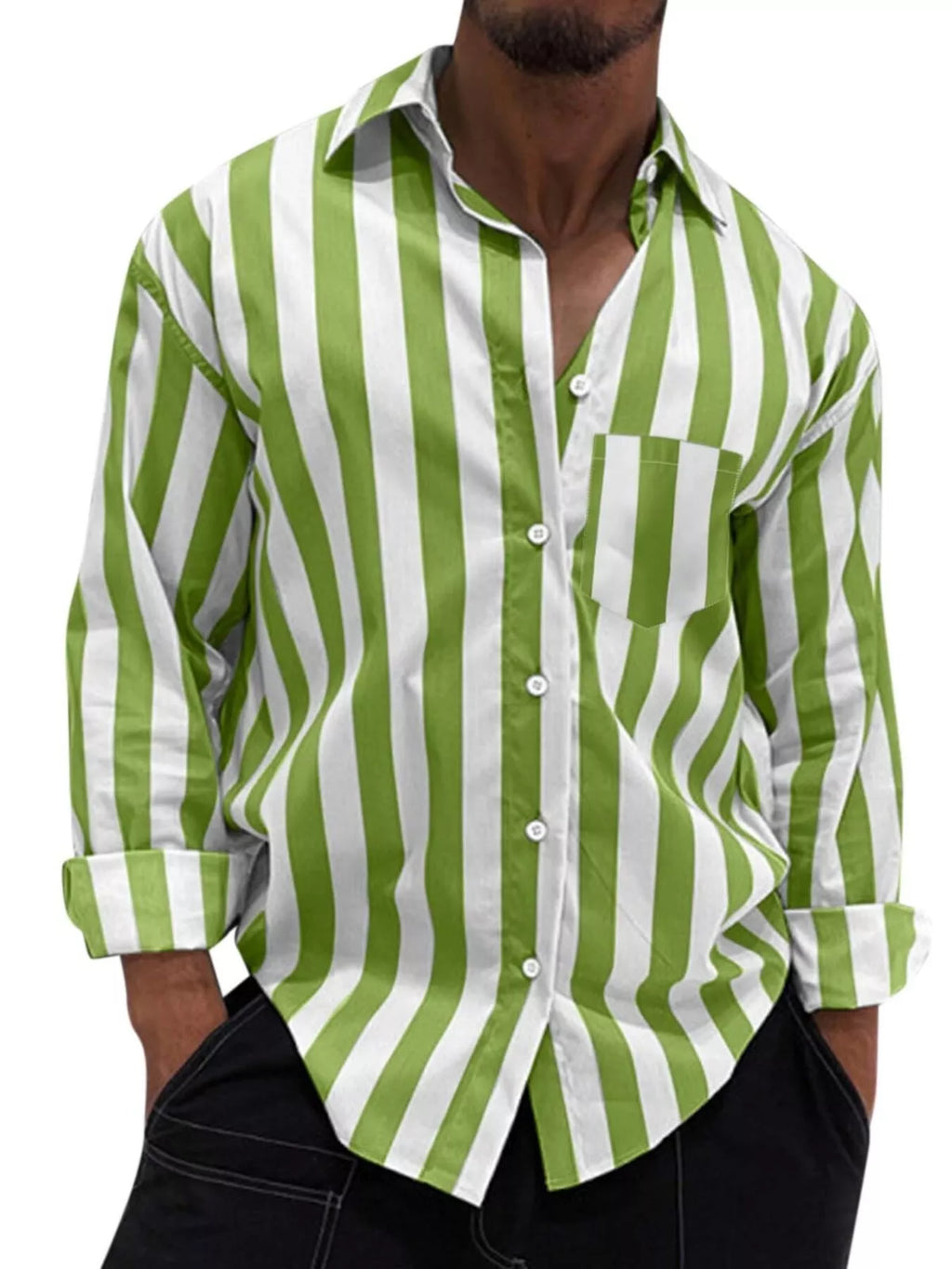Men's LusterMan button-up long sleeve shirt by Trendsi, showcasing a stylish, fitted shirt with a smooth, shiny finish.
