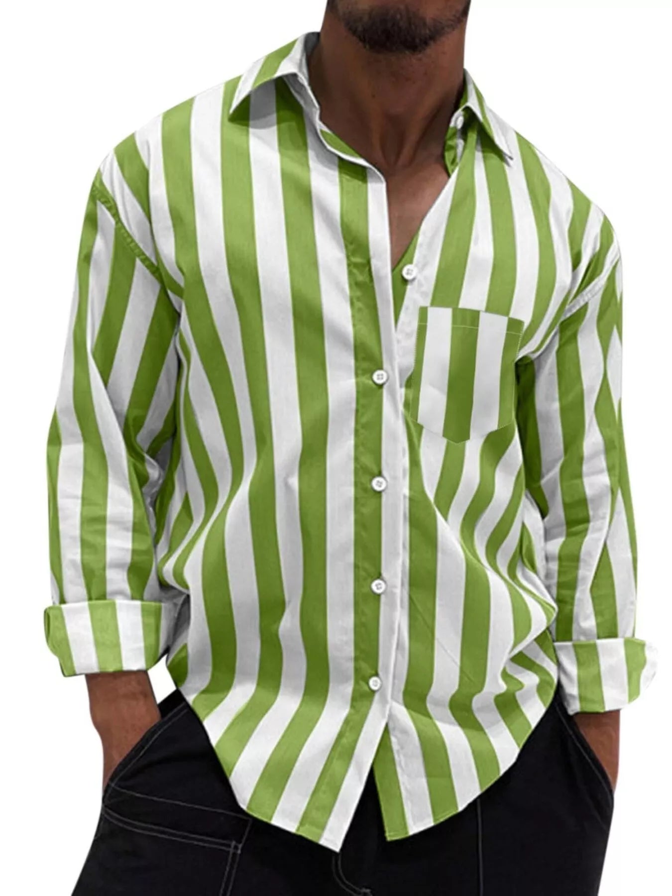 Men's LusterMan button-up long sleeve shirt by Trendsi, showcasing a stylish, fitted shirt with a smooth, shiny finish.