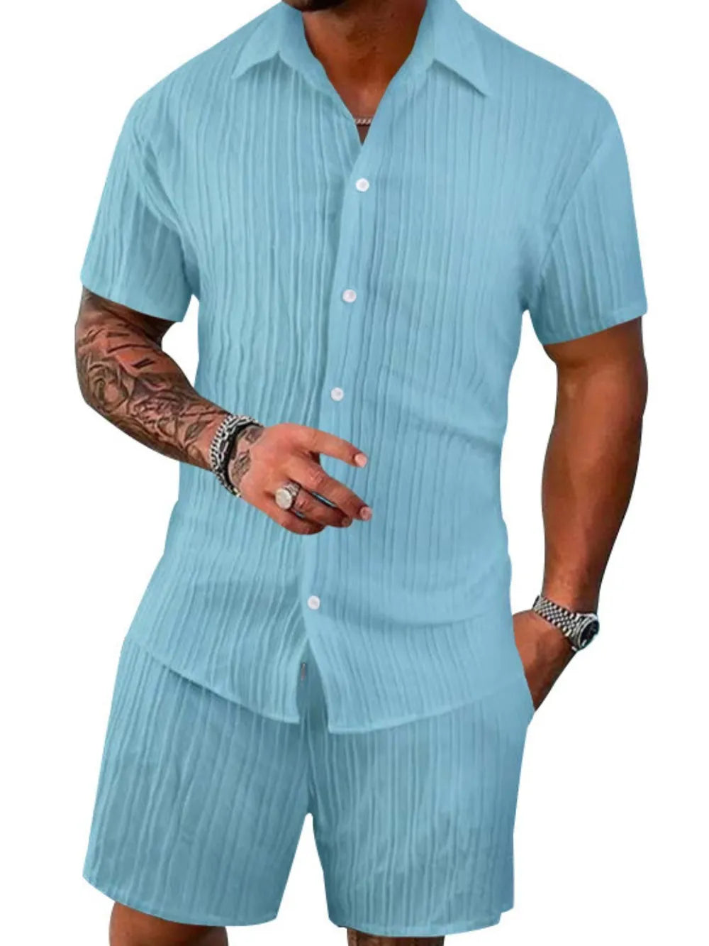 Trendsi AriaStyle men's full size button-down short sleeve shirt and matching shorts set, casual summer outfit, front view.