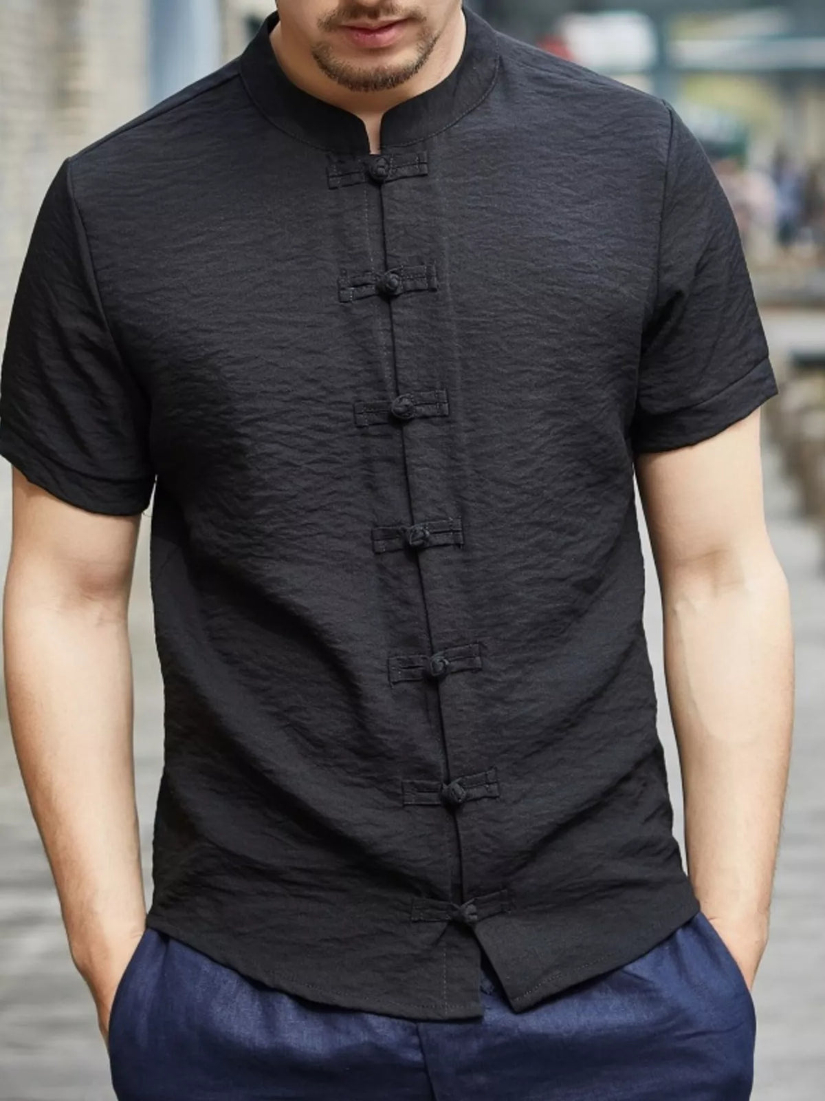 Men's full-size Chinese style short sleeve shirt by Trendsi, featuring traditional design and lightweight fabric.