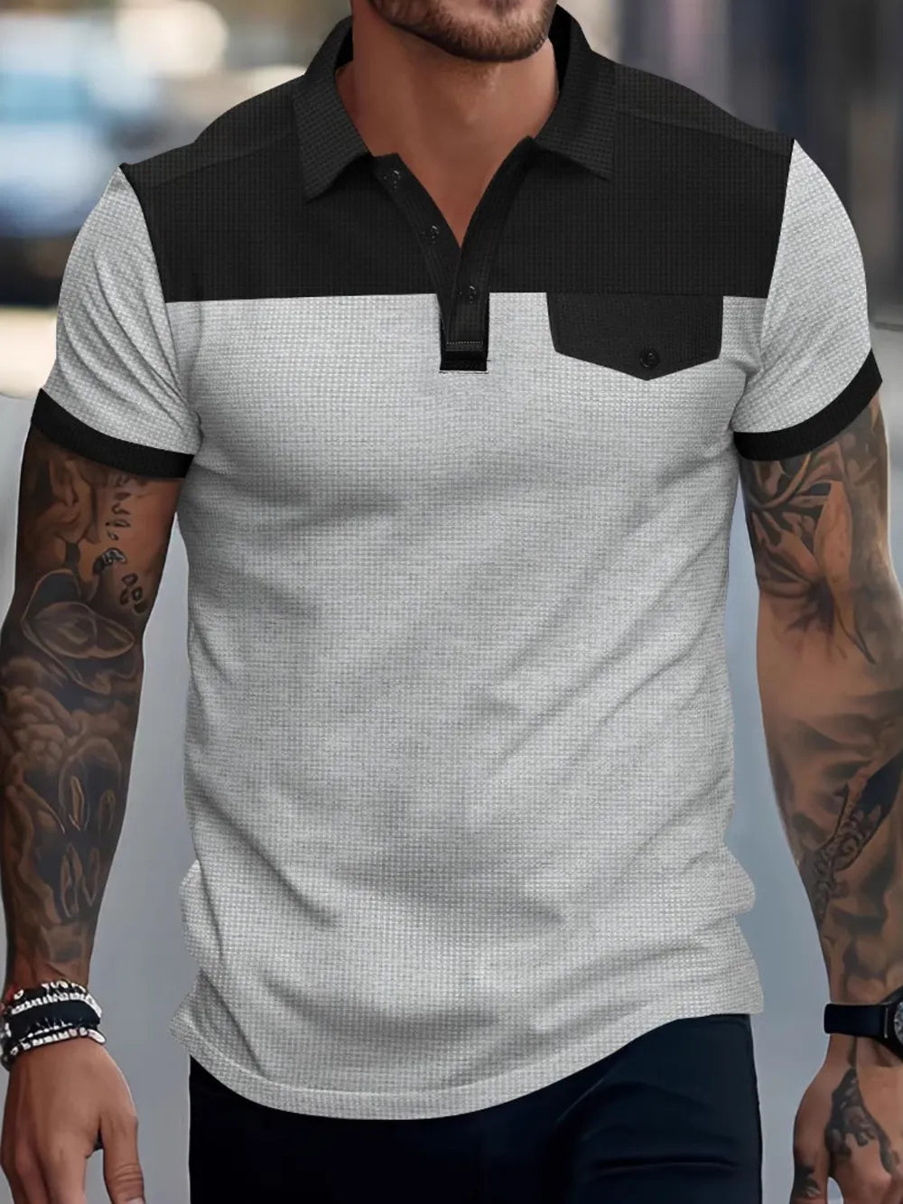 Trendsi AriaStyle men's plus size waffle-knit collared contrast polo shirt, full size, featuring a classic collar and textured fabric.