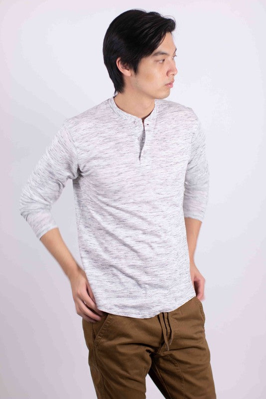 Generation XYZ long sleeve Henley T-shirt, casual shirt with buttons and fitted style, shown in a natural fabric and color.