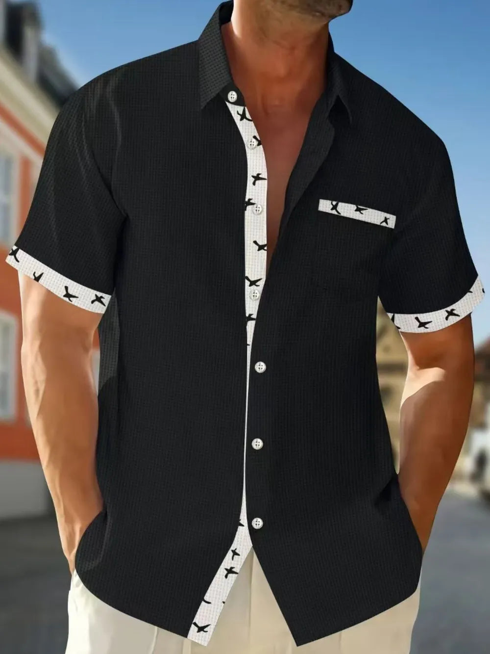 Men's waffle knit short sleeve shirt with contrast trim by AriaStyle, featuring a casual fit and stylish design.