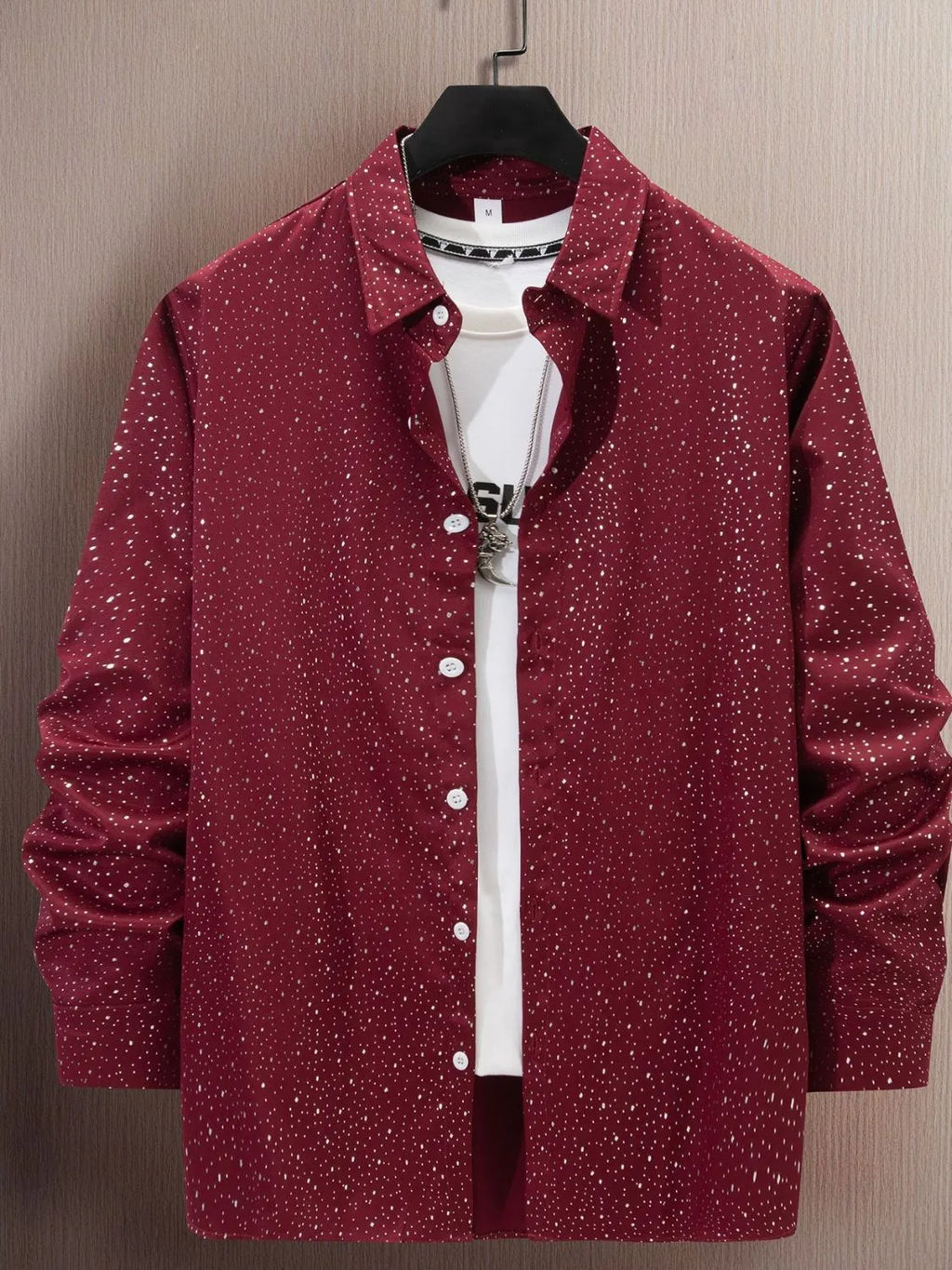 Plus size men's button-up long sleeve shirt by Trendsi, featuring a classic fit and detailed collar, shown in a neutral color.