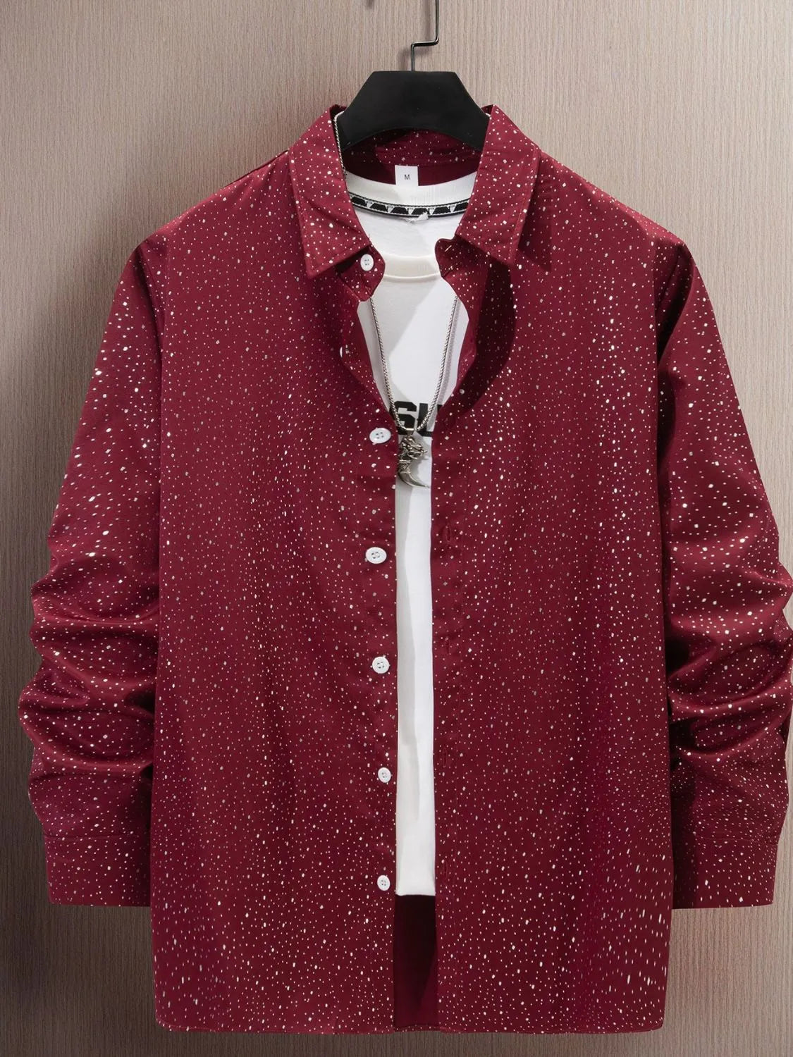 Plus size men's button-up long sleeve shirt by Trendsi, featuring a classic fit and detailed collar, shown in a neutral color.