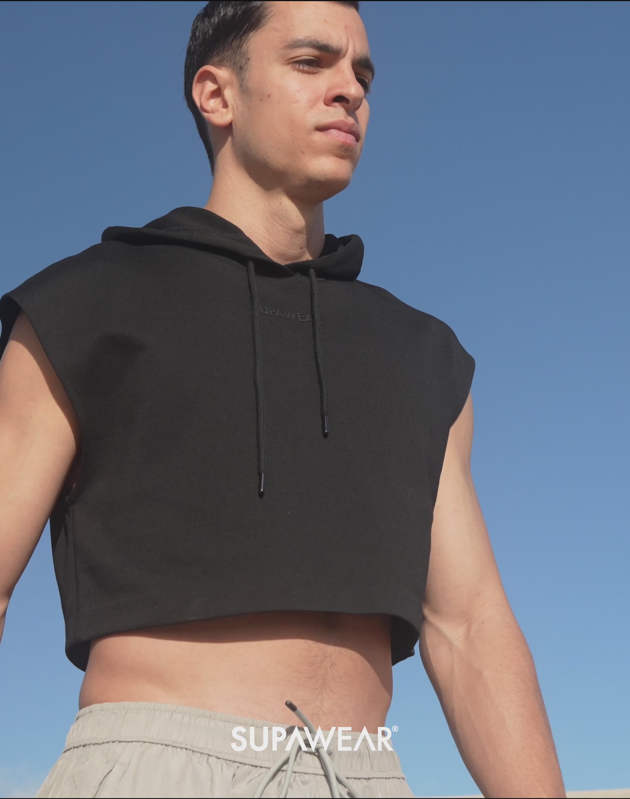 CITYBOYZ★USA Supawear cropped hoodie in activewear style, shown in a close-up of the black hoodie with front detail.