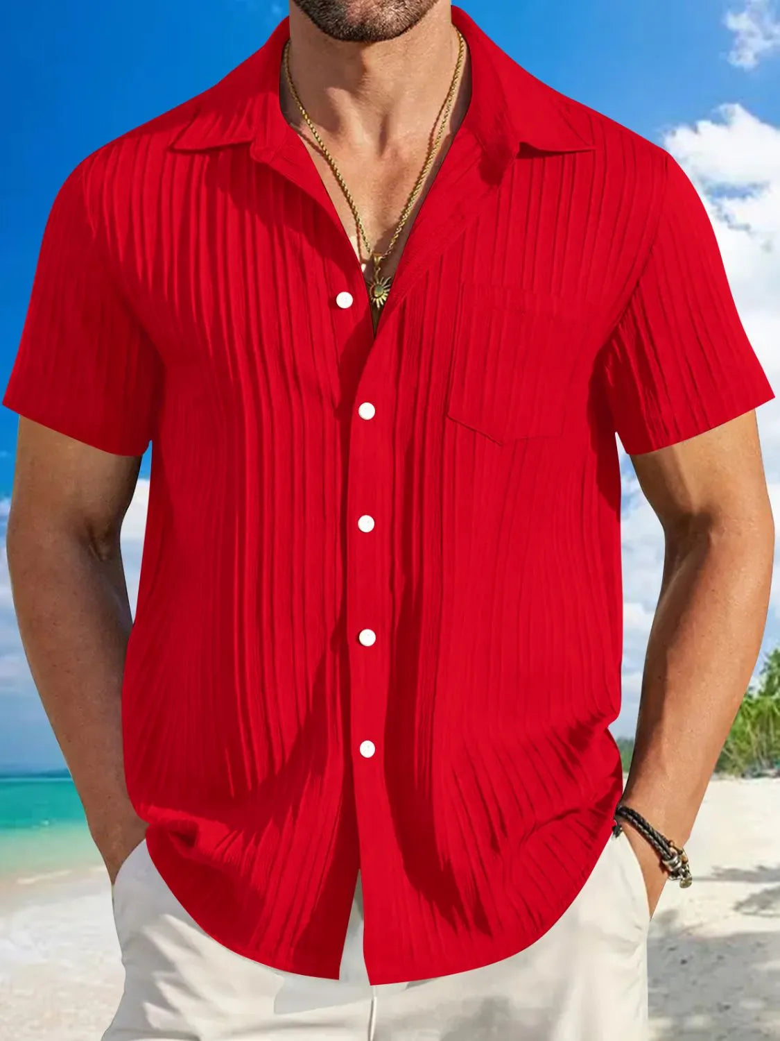 Men's casual short sleeve button-down shirt by Trendsi, featuring a relaxed fit and classic collar in soft fabric.
