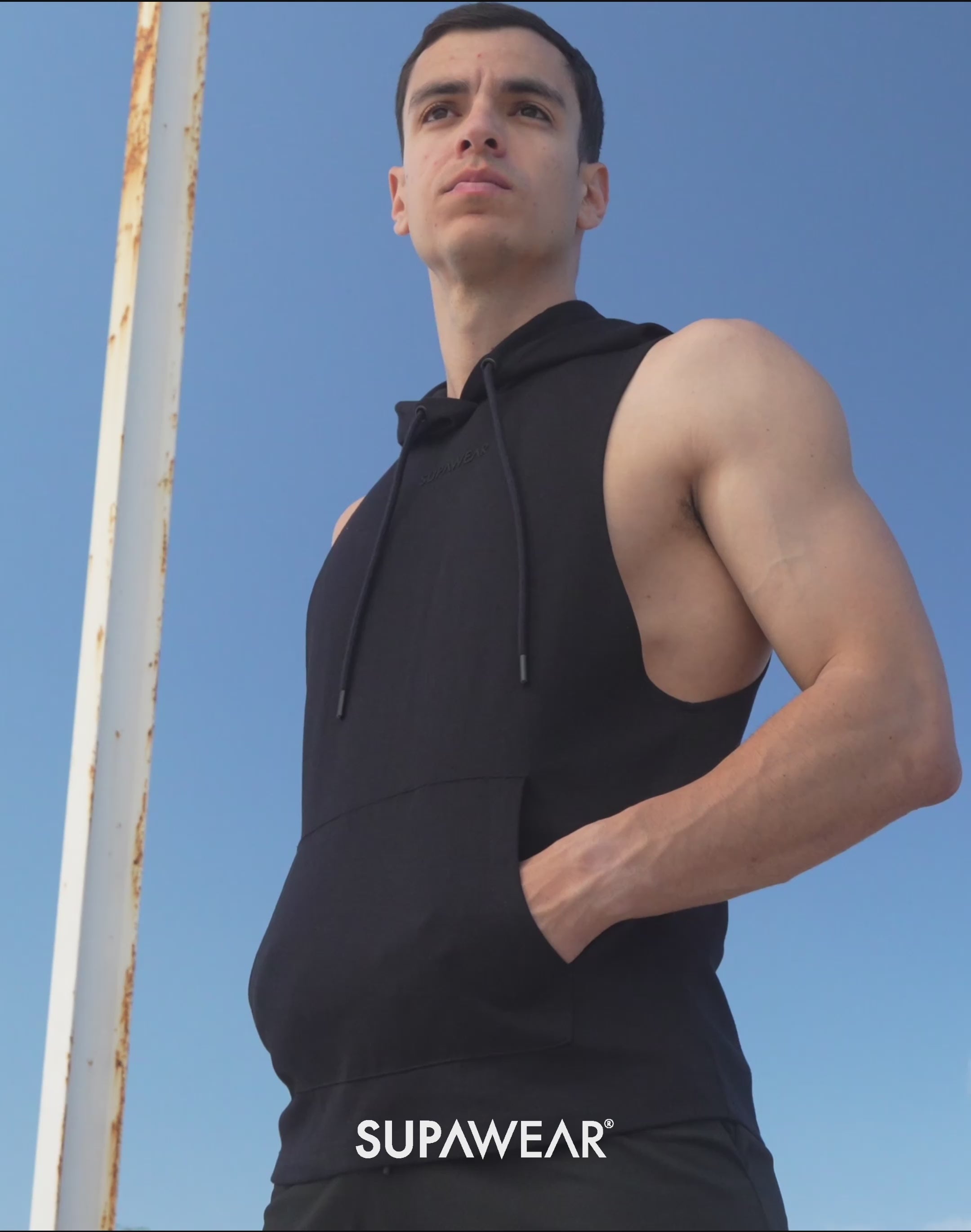 Supawear sleeveless hoodie from CITYBOYZ★USA, activewear with a fitted design and sleeveless style, shown in black fabric.