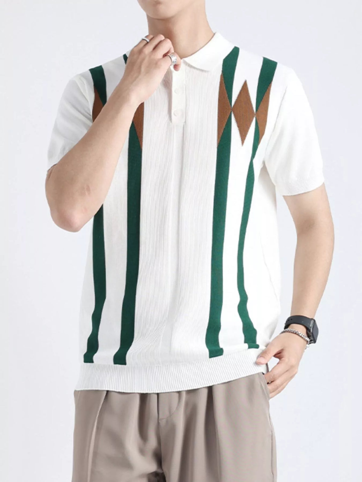 Plus size men's knitted polo shirt with geometric pattern from ValiantMan, featuring a stylish and comfortable design.