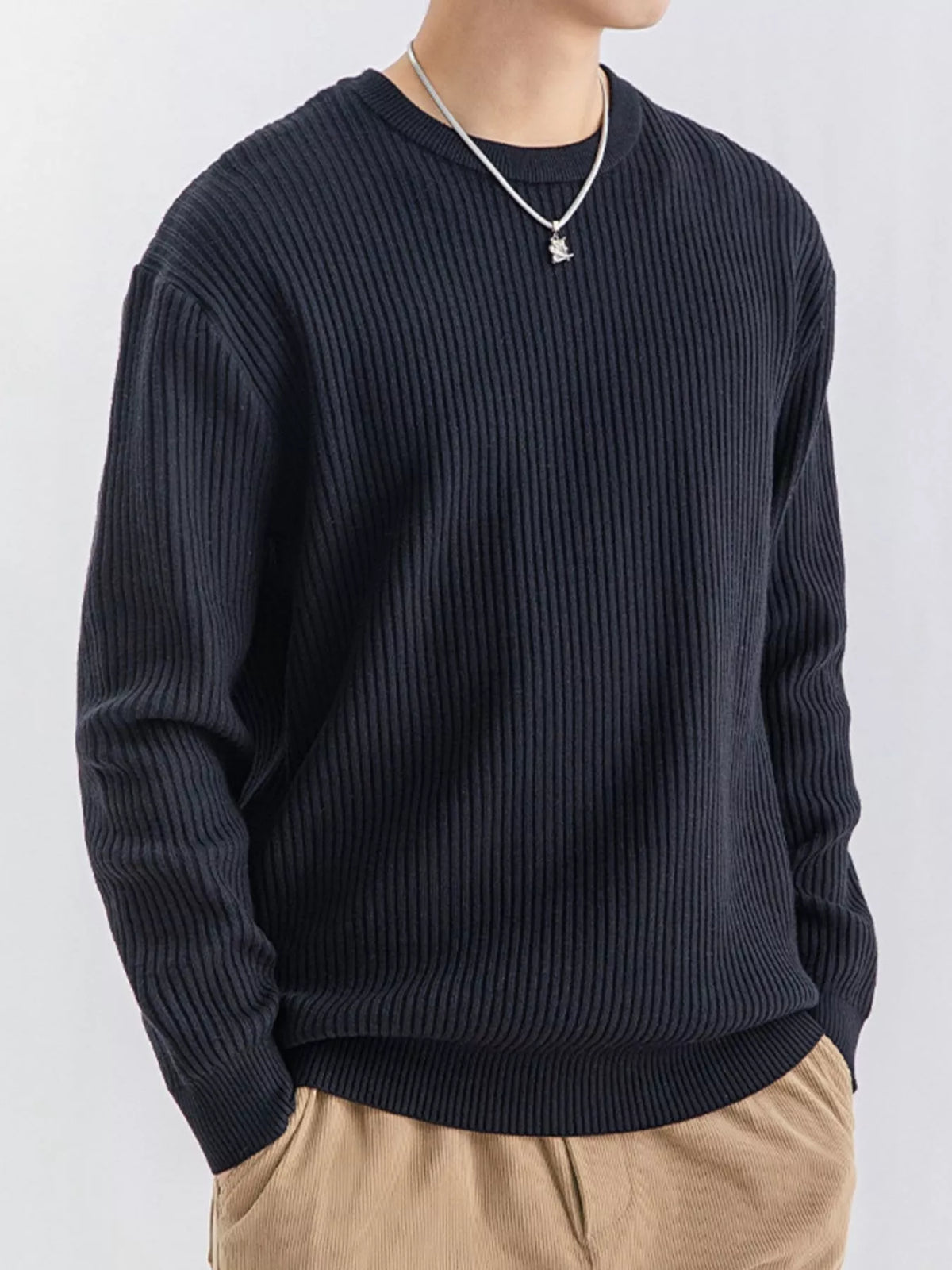 Plus size ValiantMan men's ribbed knit crew neck sweater featuring a cozy, textured design in a natural fit.