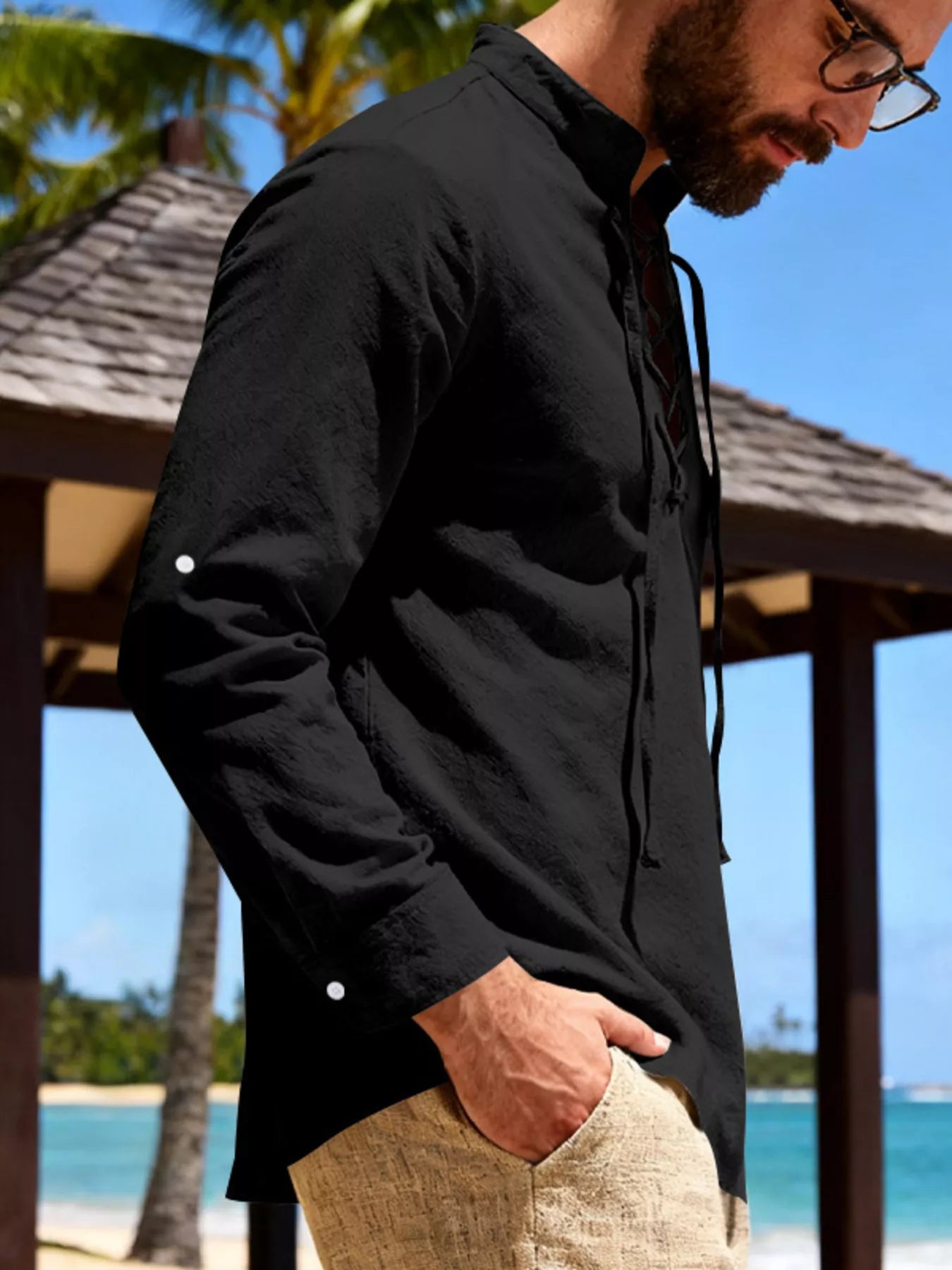 RIGOR men's full size casual linen shirt with lace-up front, breathable fabric, and relaxed fit, ideal for everyday wear.