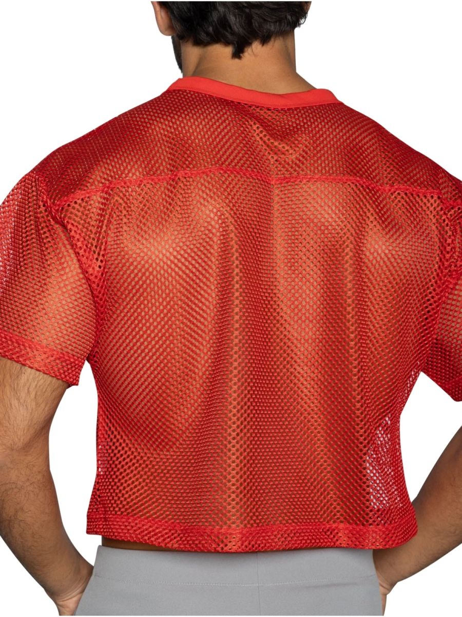Bright red CITYBOYZ★USA bike athletic short sleeve practice jersey displayed on a mannequin, featuring sporty design for active wear.