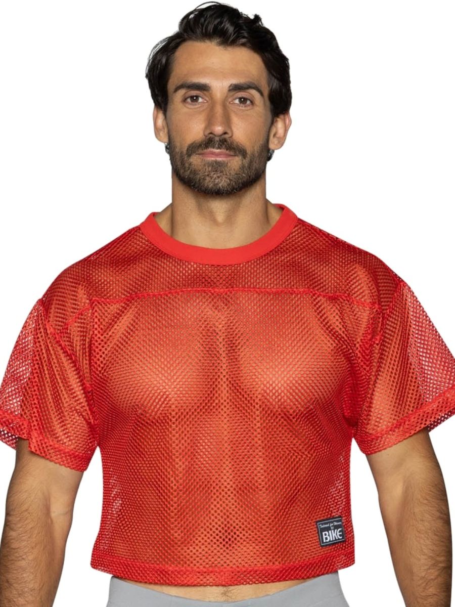 Bright red CITYBOYZ★USA bike athletic short sleeve practice jersey laid flat, showcasing its athletic design and breathable fabric.