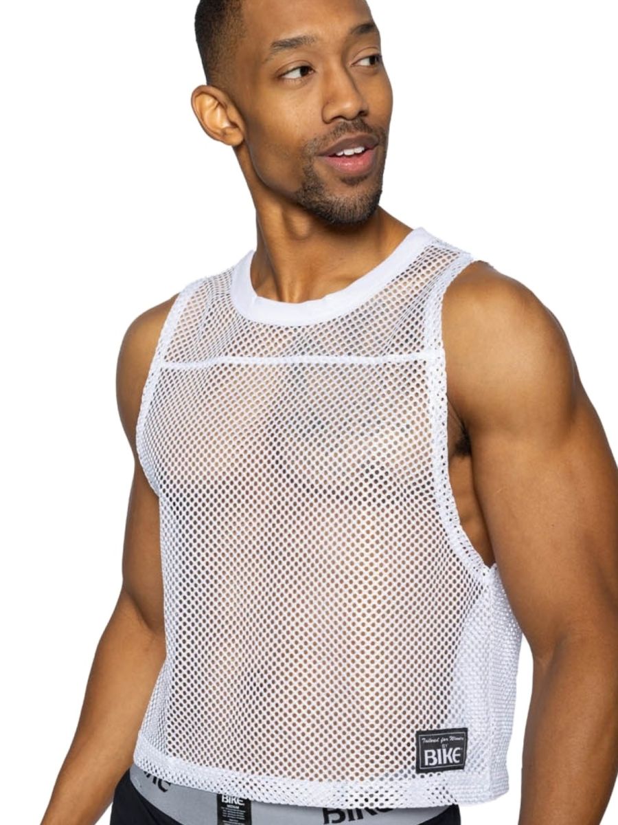 White CITYBOYZ★USA bike athletic sleeveless practice jersey tank top on mannequin, showcasing its athletic fit and sleeveless design.