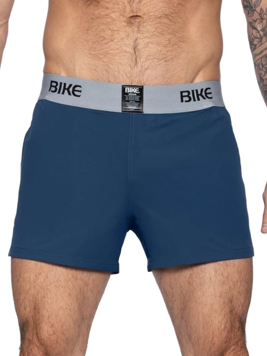 Men's navy athletic bike shorts by CITYBOYZ★USA, designed for comfort and sports activities, shown on a model.