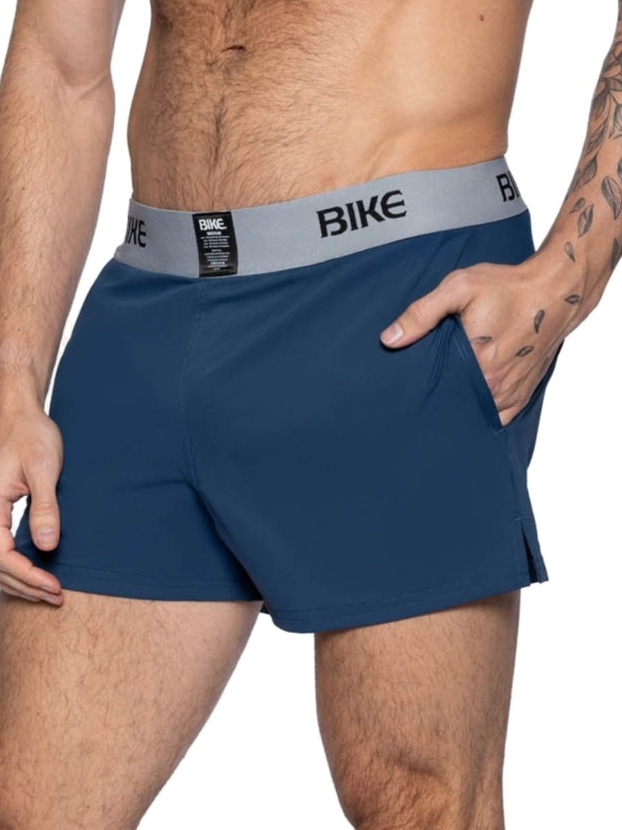 Navy blue CITYBOYZ★USA Bike Athletic Jock Short shown on a model, featuring athletic fit and breathable fabric for active sports.
