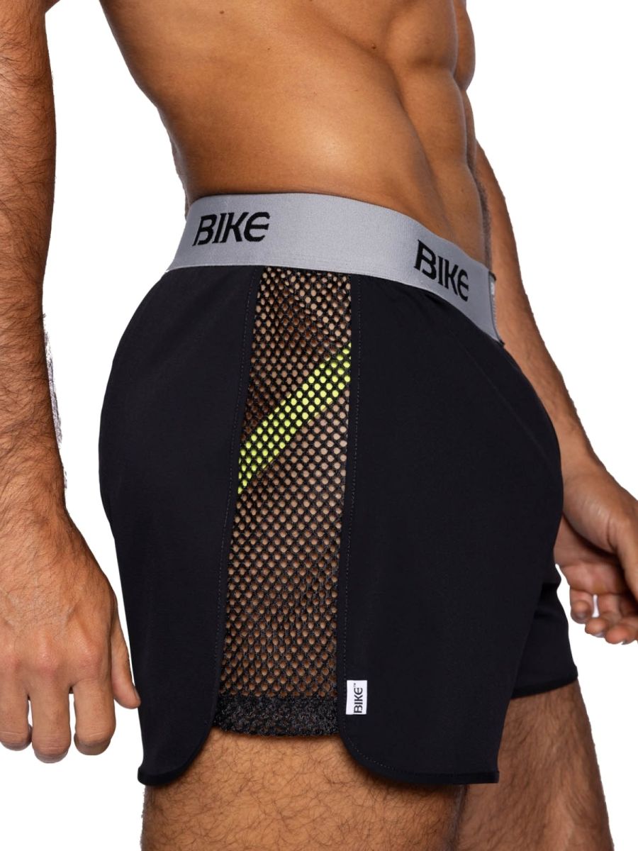 Black Bike Athletic Peek-a-Boo Jock Short by CITYBOYZ USA featuring a snug fit and athletic design, shown on a model.