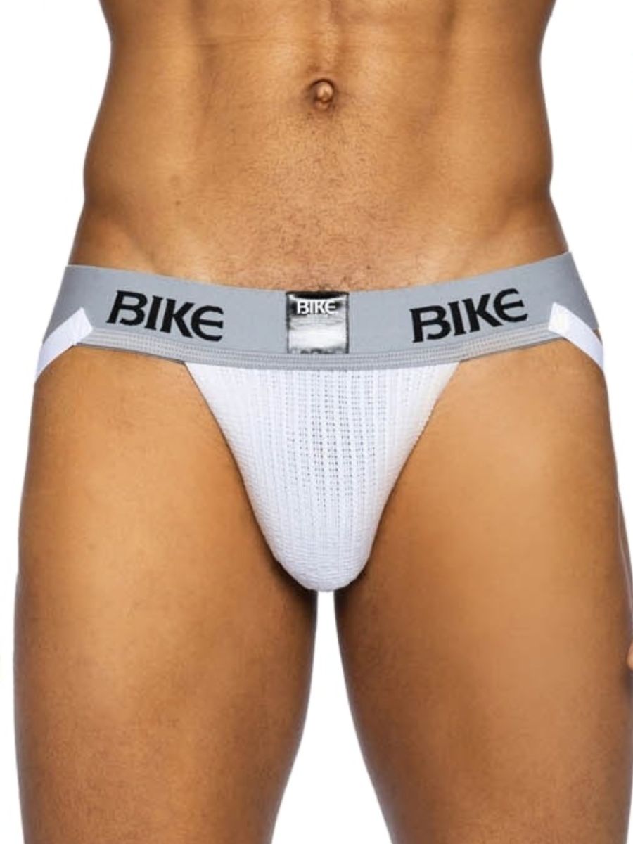 White Bike Athletic Classic Jockstrap by CITYBOYZ★USA with adjustable waistband and supportive pouch, designed for active sports.