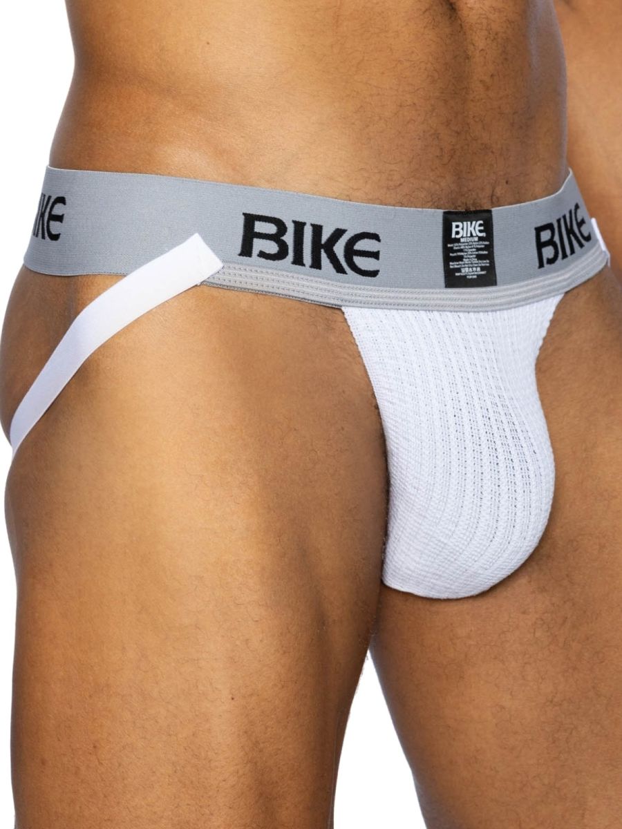 White Bike Athletic Classic Jockstrap by CITYBOYZ★USA with supportive waistband and athletic design, shown on a model.