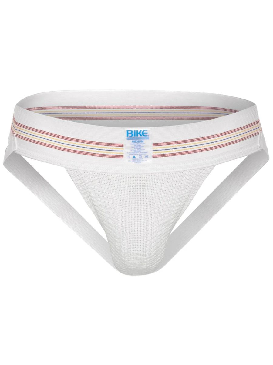White CITYBOYZ★USA Bike Athletic Original Number 10 jockstrap with supportive design and adjustable straps, displayed on a plain background.