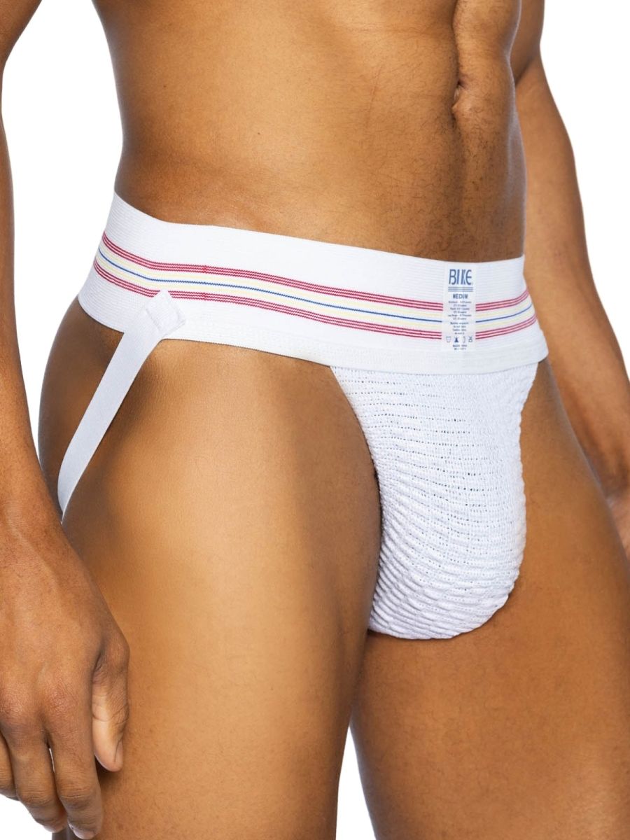 White Bike Athletic Original Number 10 Jockstrap by CITYBOYZ★USA with supportive waistband and athletic design, front view.