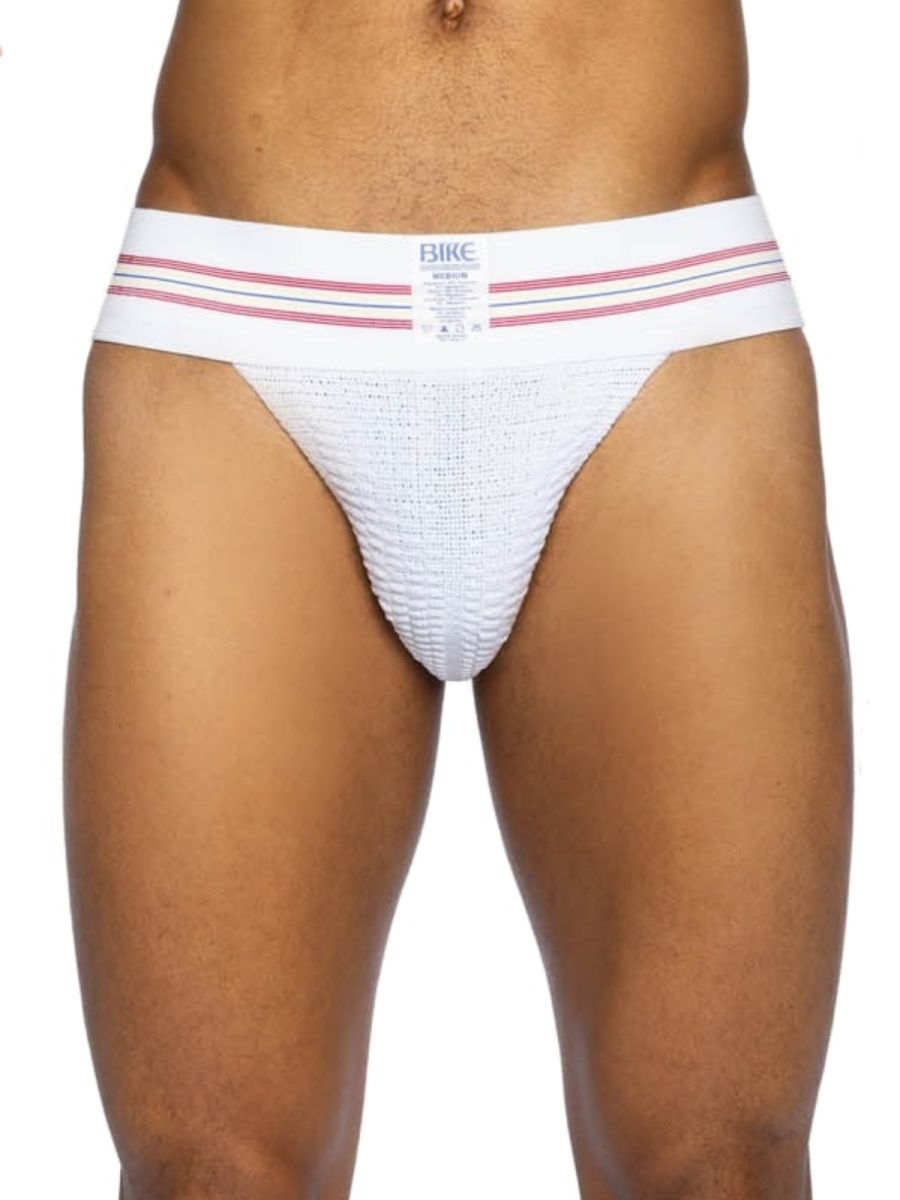 White Bike Athletic Original Number 10 Jockstrap by CITYBOYZ USA showing the supportive waistband and athletic design.