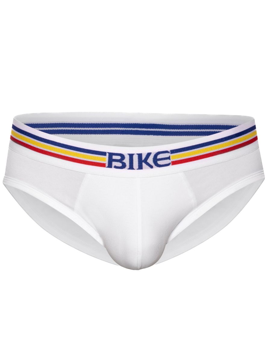 White athletic stretch cotton bike briefs by CITYBOYZ★USA, showing the comfortable fit and classic brief style.