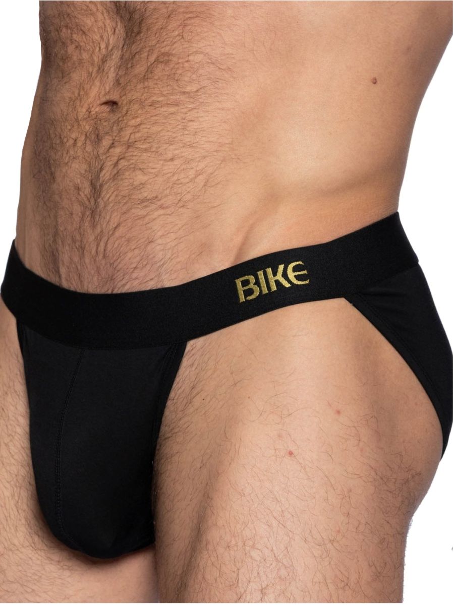 Black CITYBOYZ USA athletic bike jock brief with supportive design and comfortable fit, shown on a neutral background.