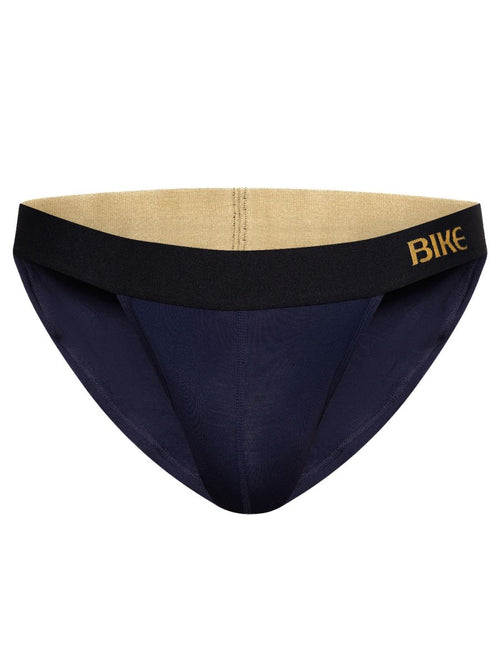 Navy blue CITYBOYZ★USA bike athletic active jock brief with supportive fit and comfortable waistband, shown on a mannequin.