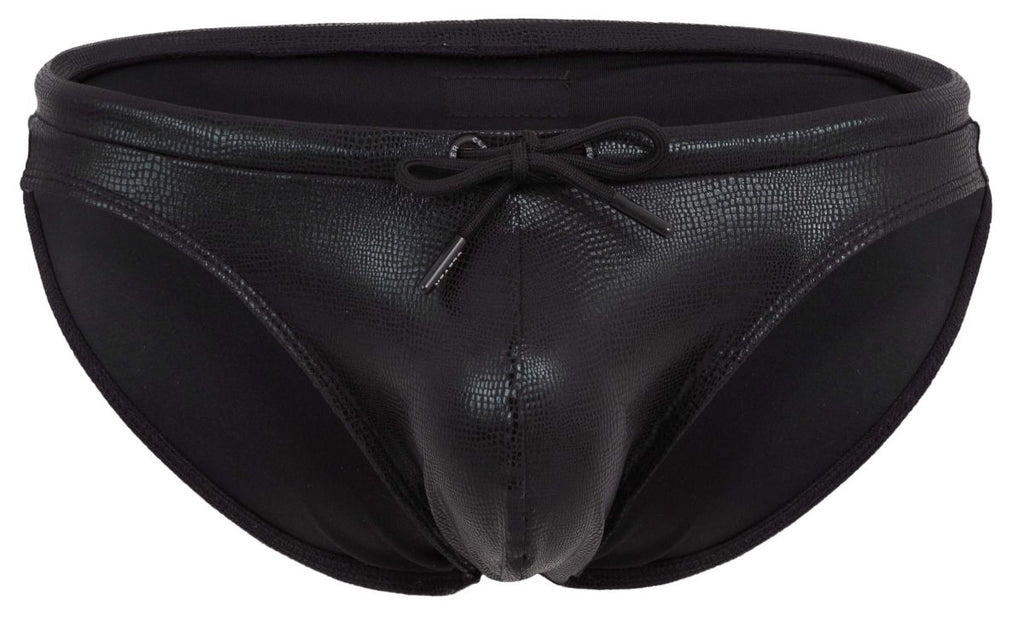 Black Clever Gorgona swim brief by CITYBOYZ USA, featuring sleek fabric and comfortable fit, displayed on a plain background.