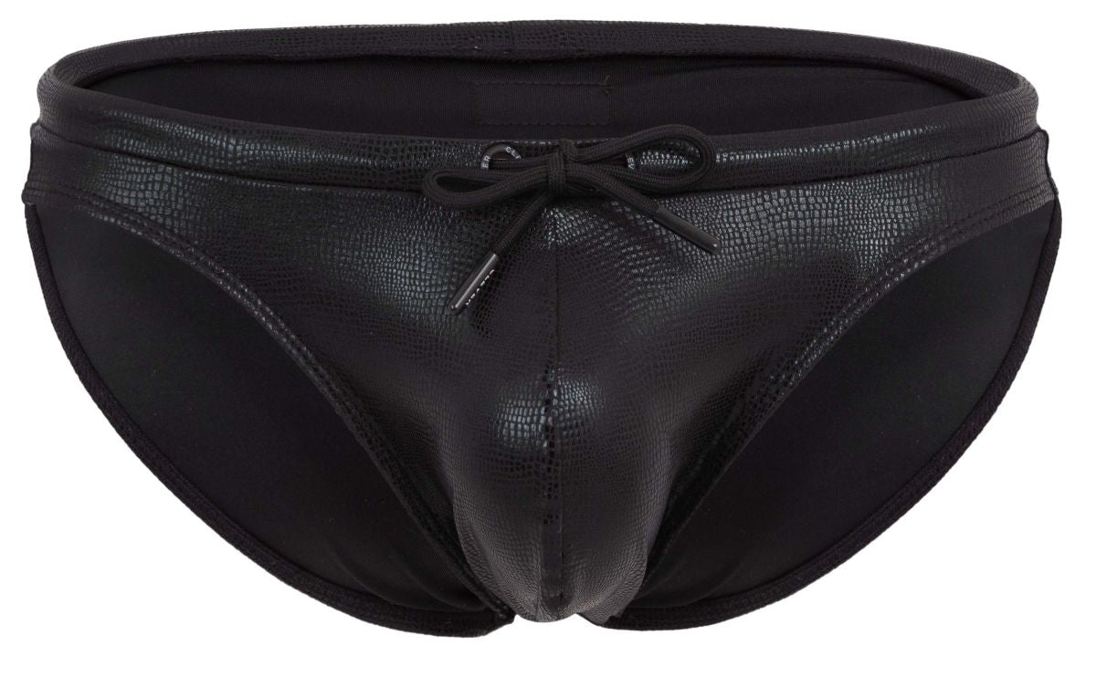 Black Clever Gorgona swim brief by CITYBOYZ USA, featuring sleek fabric and comfortable fit, displayed on a plain background.