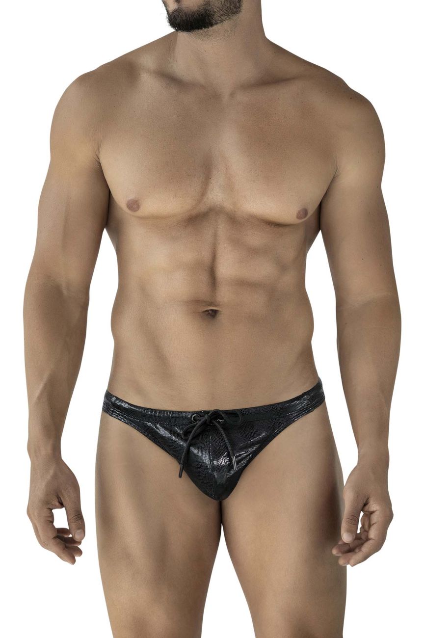 Black Clever Gorgona swim thong by CITYBOYZ★USA, featuring sleek design and minimal coverage for swimwear or beachwear.