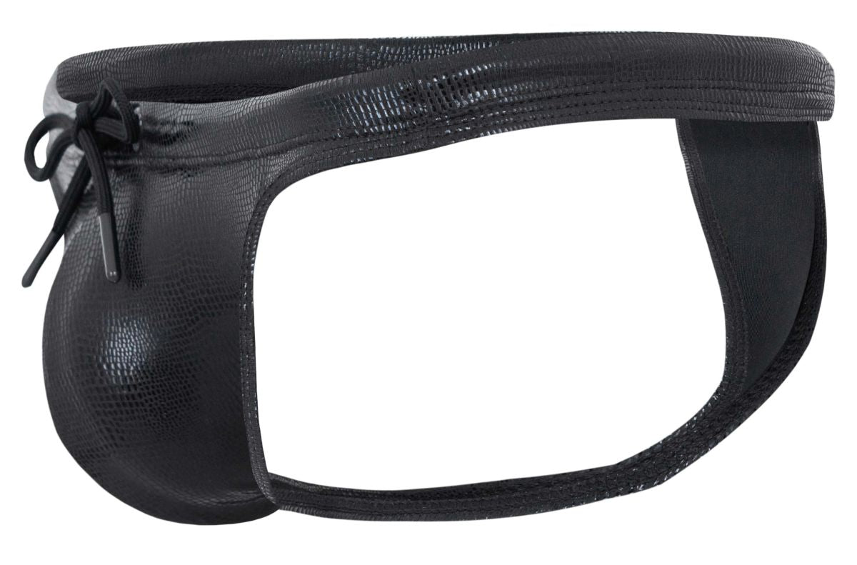 Black Clever Gorgona Swim Thong by CITYBOYZ★USA displayed on a model, showing sleek swimwear design and minimal coverage.