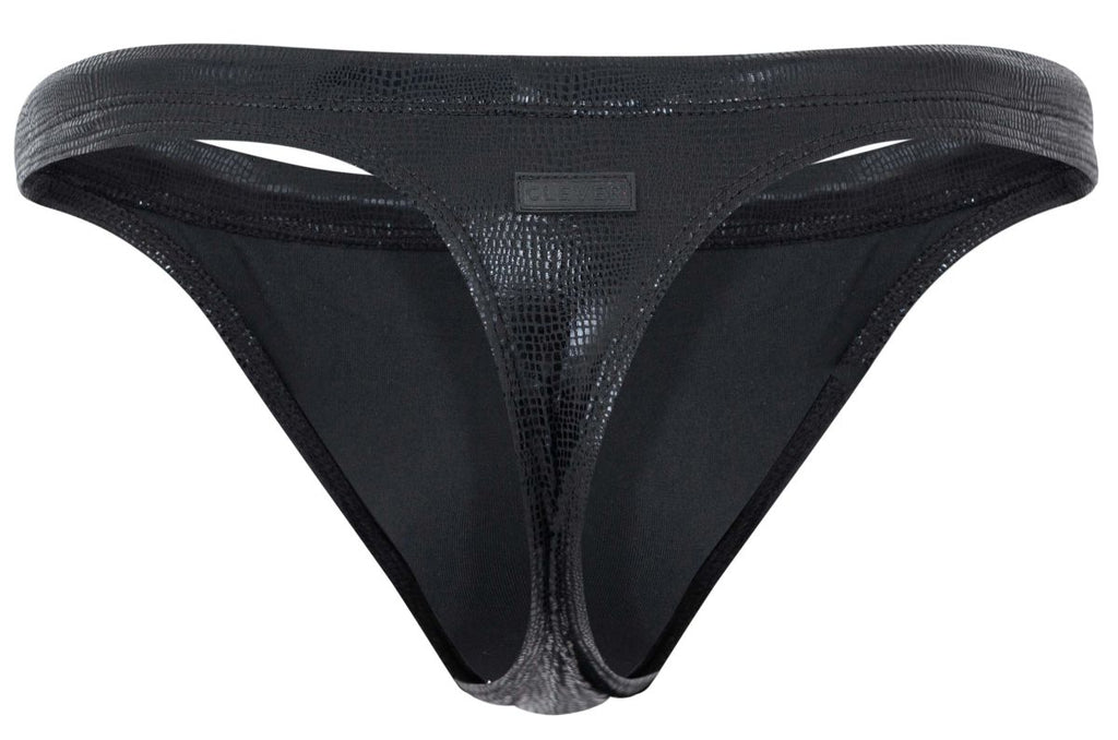 Black Clever Gorgona Swim Thong by CITYBOYZ★USA, featuring minimal coverage and sleek design, displayed on a model.