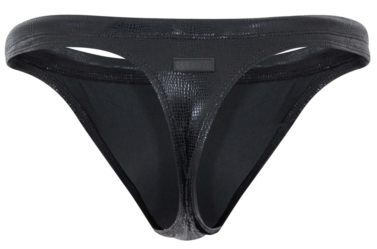 Black Clever Gorgona Swim Thong by CITYBOYZ★USA, featuring minimal coverage and sleek design, displayed on a model.