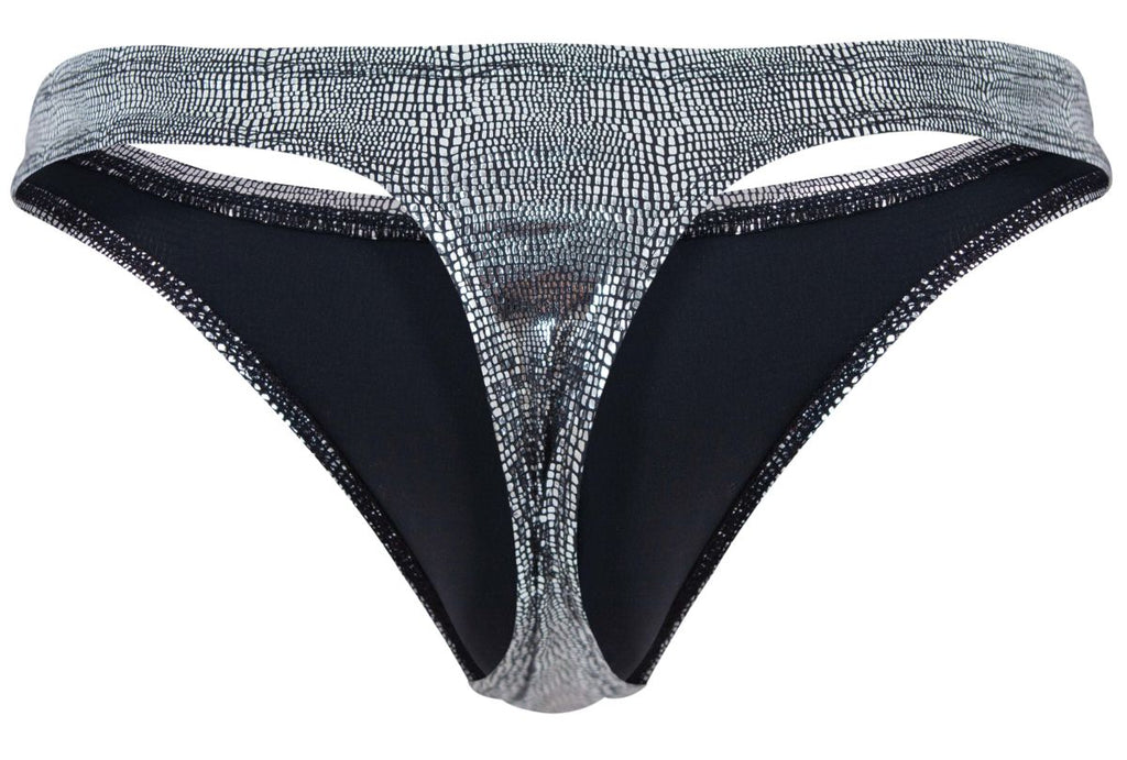 Black Clever Sparkles Swim Thong by CITYBOYZ★USA, showcasing its sleek design and minimal coverage for swimwear.