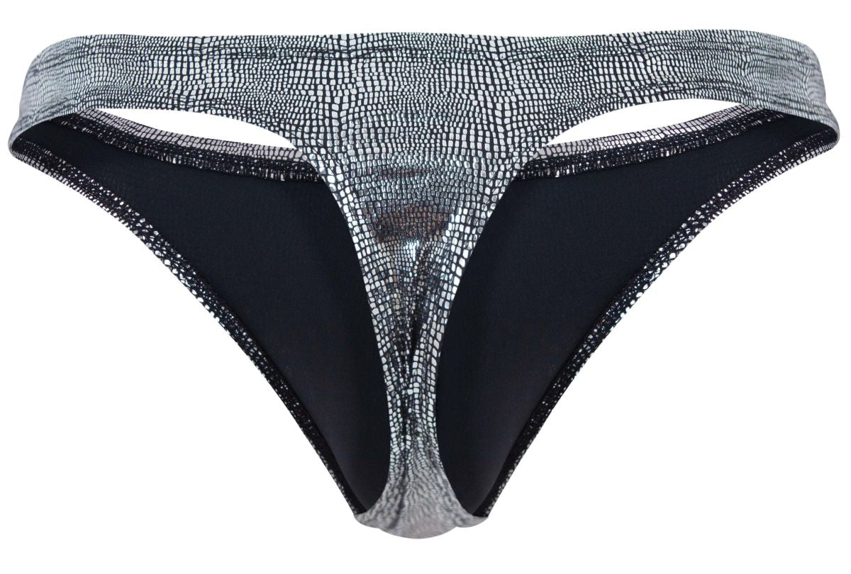 Black Clever Sparkles Swim Thong by CITYBOYZ★USA, showcasing its sleek design and minimal coverage for swimwear.