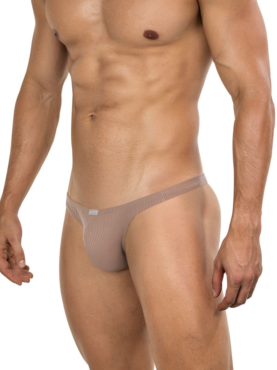 Sand-colored Clever Apolo Thong men's bikini underwear by CITYBOYZ★USA, showing the front view with smooth fabric and minimal coverage.