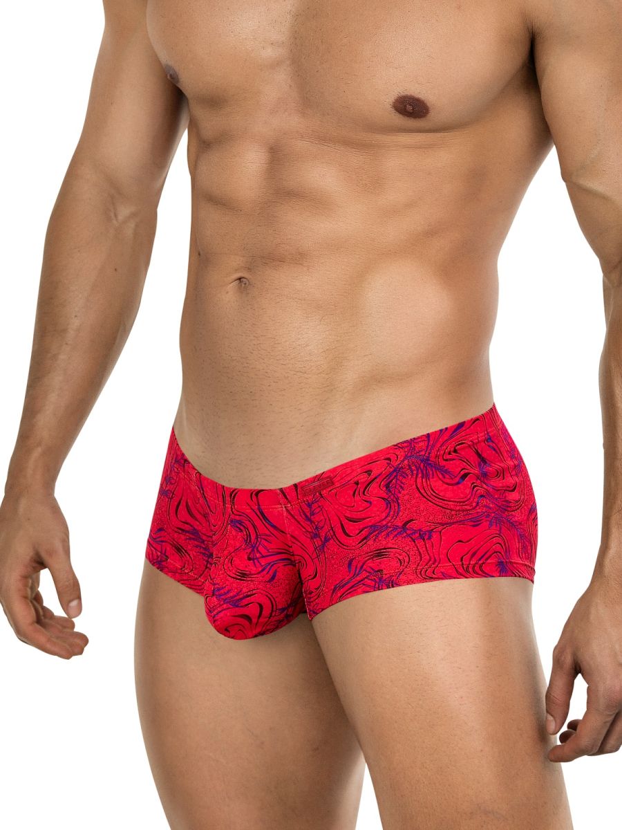 Red Clever Helion men's trunk by CITYBOYZ★USA, showcasing comfortable fit and stylish design in a close-up view.