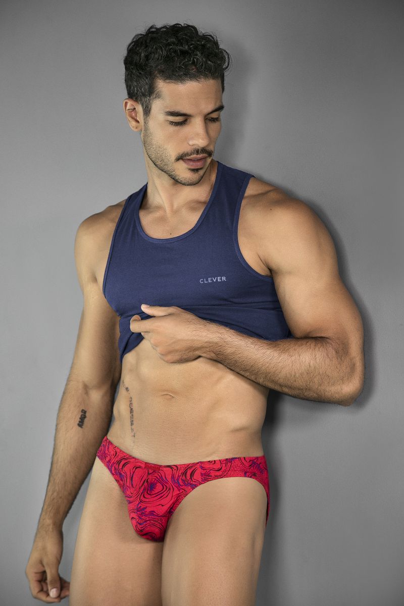 Red Clever Helion Bikini underwear by CITYBOYZ USA, with a close-up of the sleek, stylish bikini undergarment fabric.