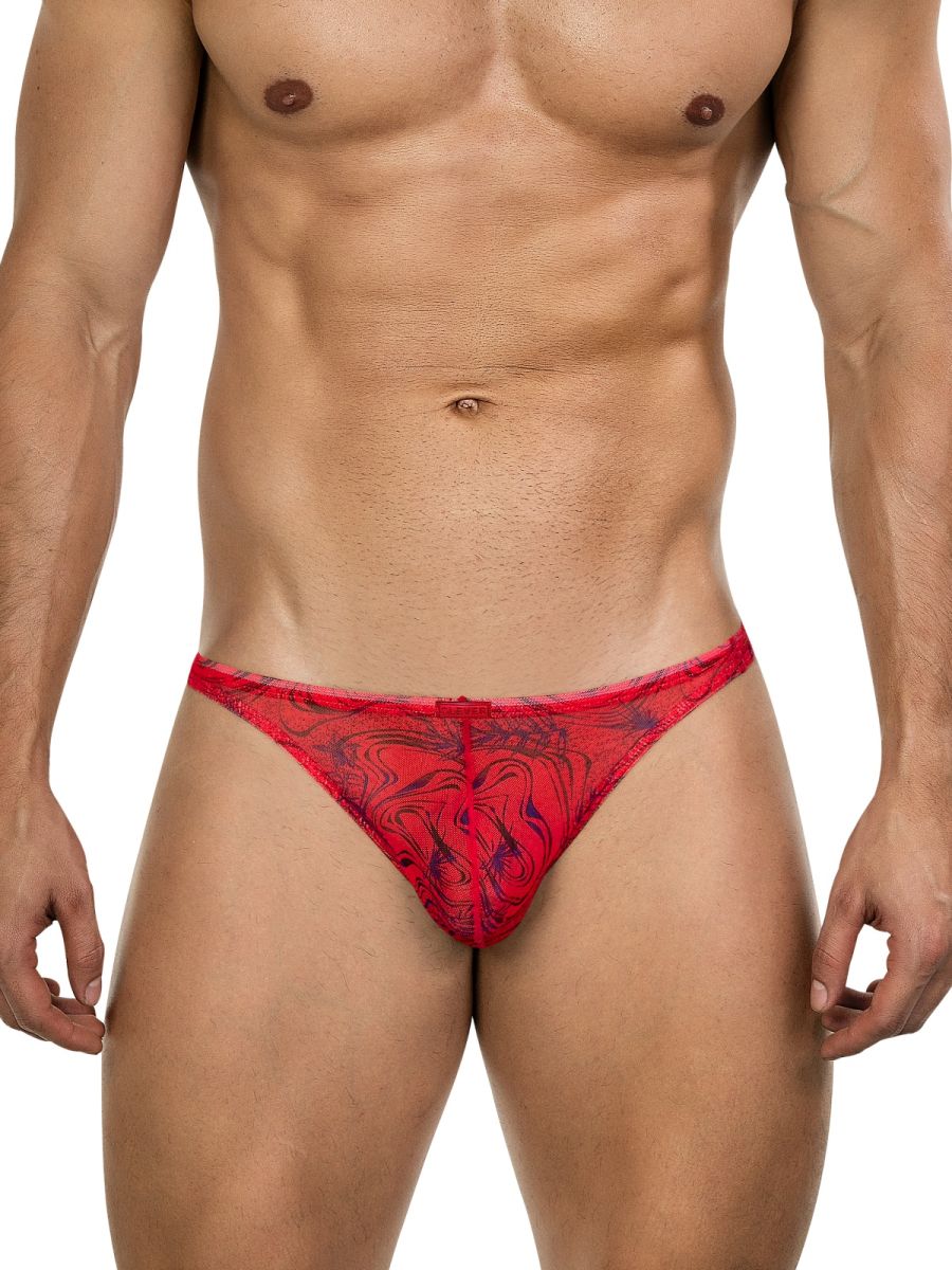 Red Clever Calipso thong bikini underwear by CITYBOYZ★USA, shown on a model with smooth fabric and minimal coverage.