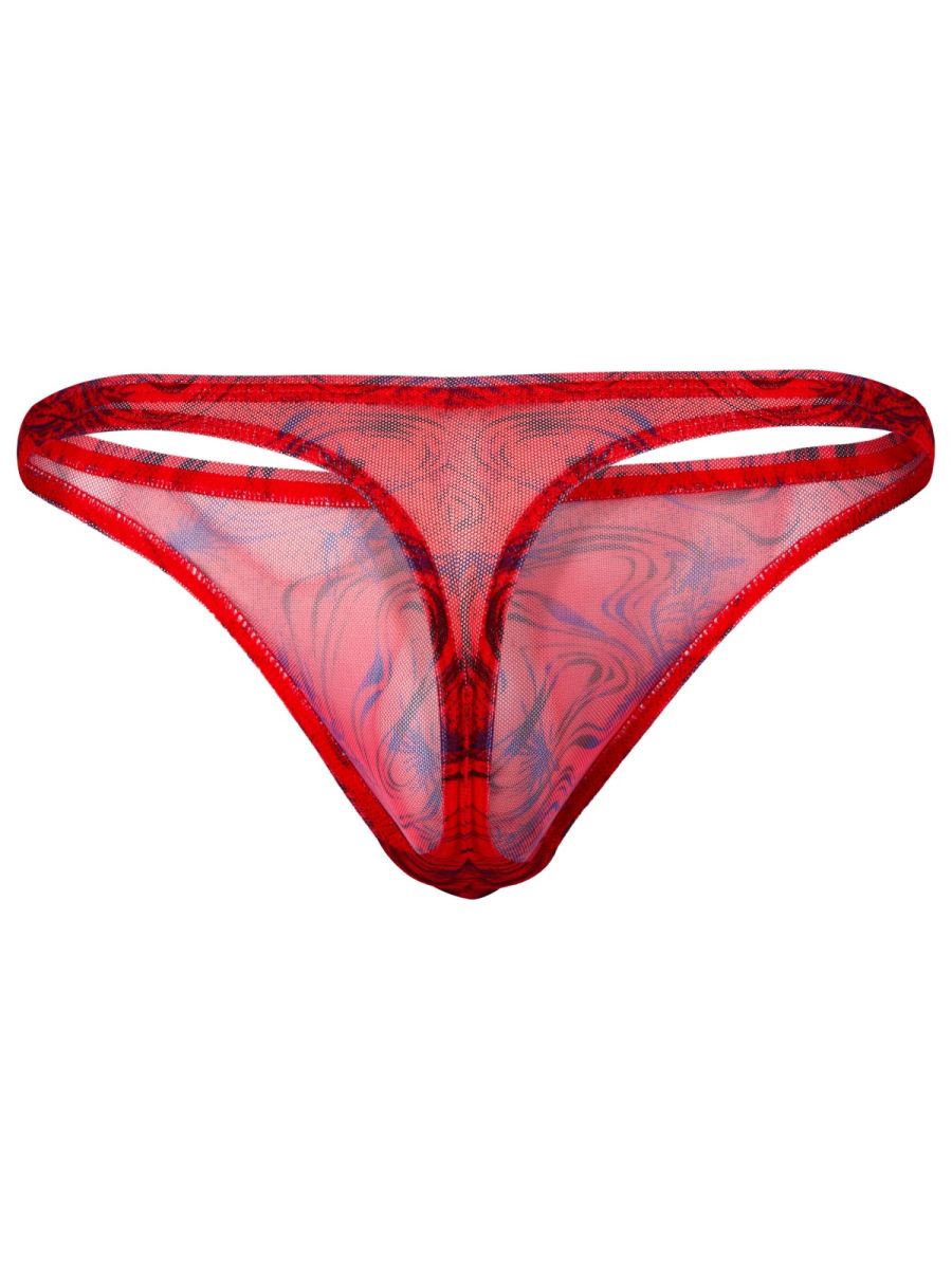 Red Clever Calipso thong bikini underwear by CITYBOYZ★USA with smooth fabric and minimal coverage, displayed on a flat surface.