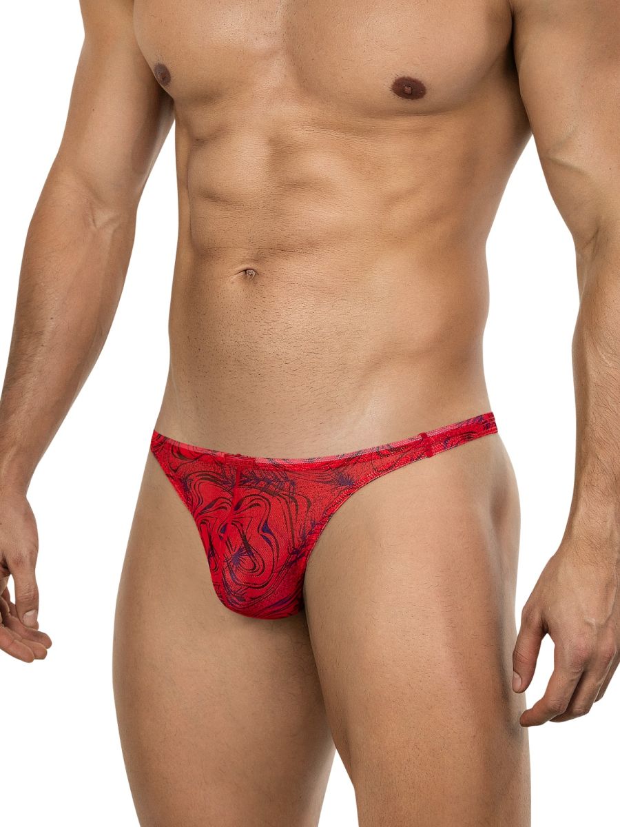 Red Clever Calipso thong bikini underwear by CITYBOYZ★USA with smooth fabric and minimal coverage, displayed on a white background.
