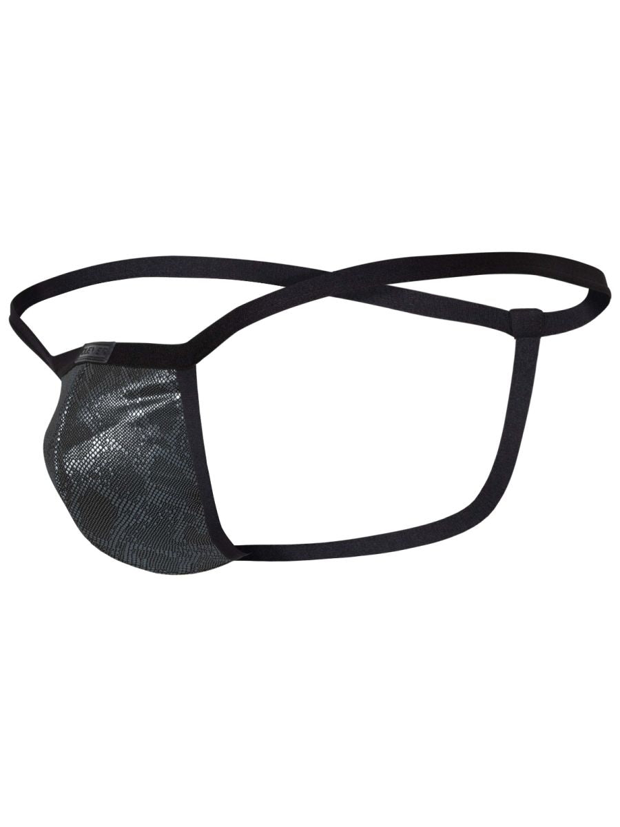 Black Clever Atlas G-String by CITYBOYZ★USA featuring minimal coverage and sleek design, displayed on a neutral background.