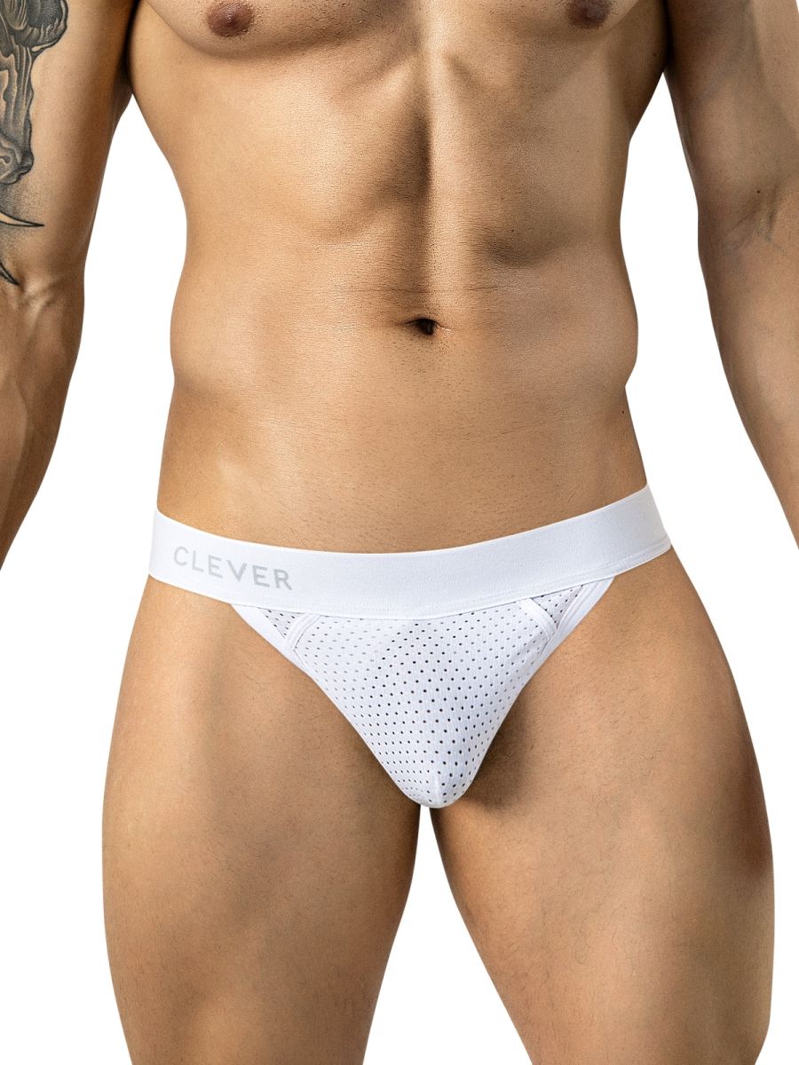 White Clever Ulises Thong by CITYBOYZ★USA, featuring sleek fabric and minimal coverage, displayed on a mannequin.