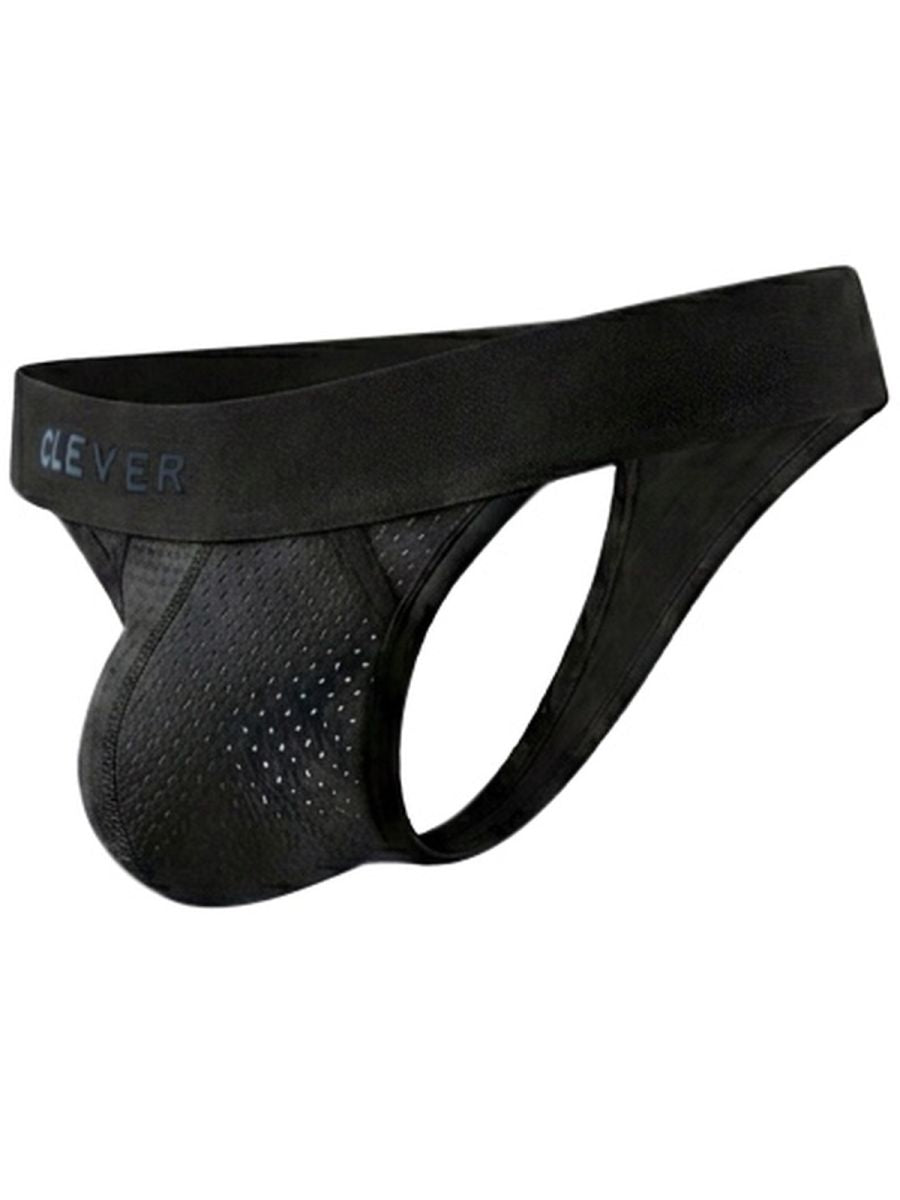 Black Clever Ulises Thong by CITYBOYZ★USA, featuring sleek fabric and minimal design, displayed on a mannequin.